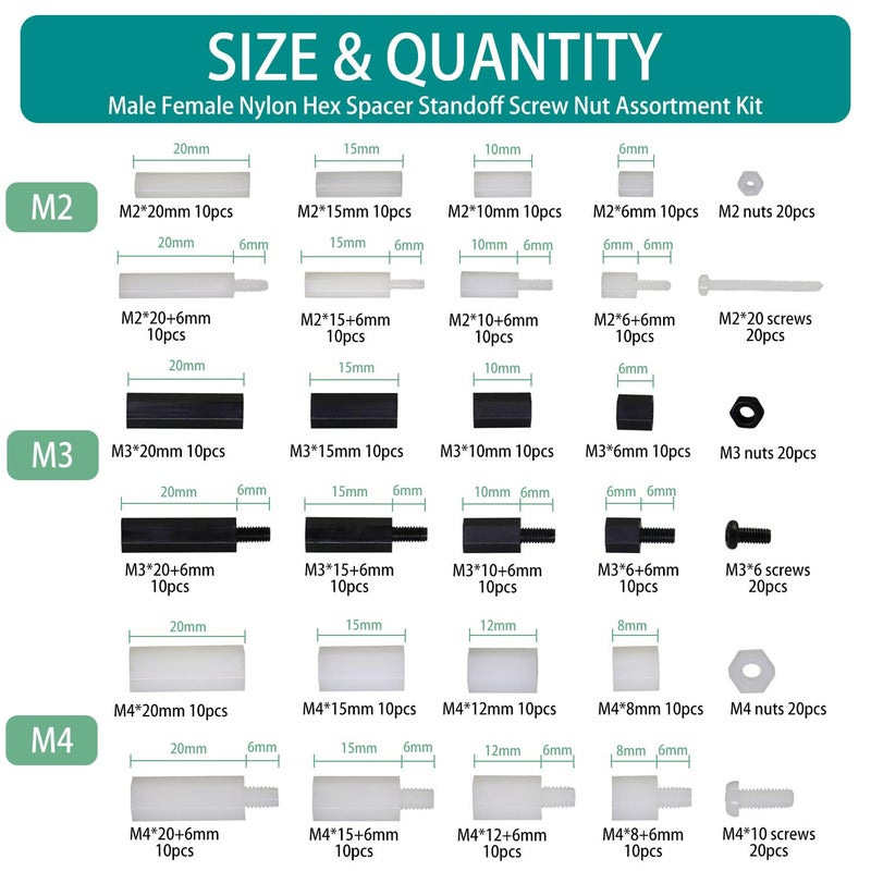 Raogoodcx 360pcs M2 M3 M4 Male Female Nylon Hex Spacer Standoff Screw Nut Assortment Kit - Image 4